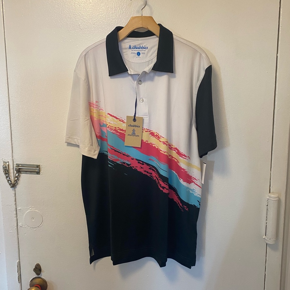 Chubbies Men's Polo Shirt with Black, White, and Multicolor Design. Size L.